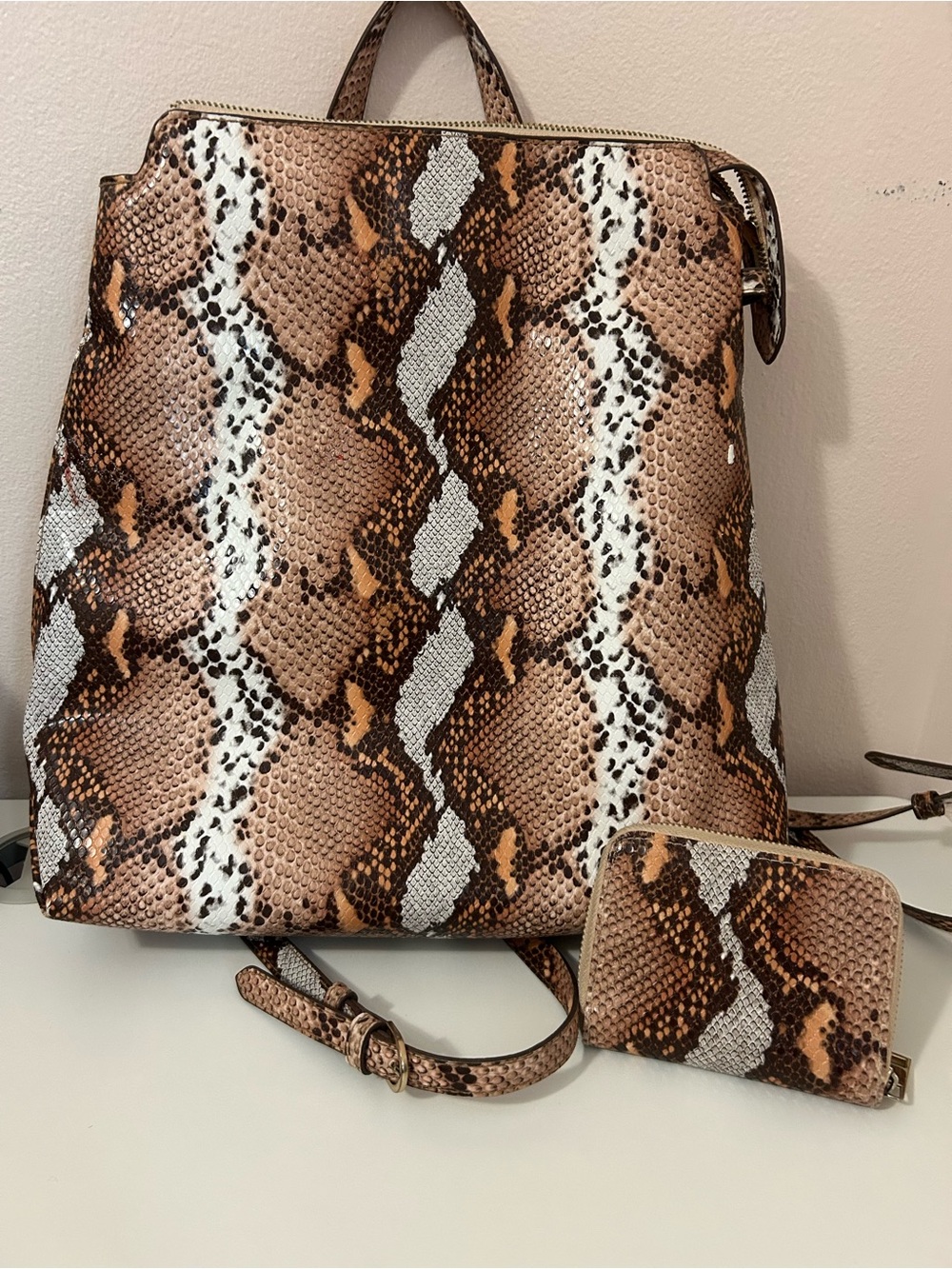 Snake-Print Backpack Tote in Brown and Cream